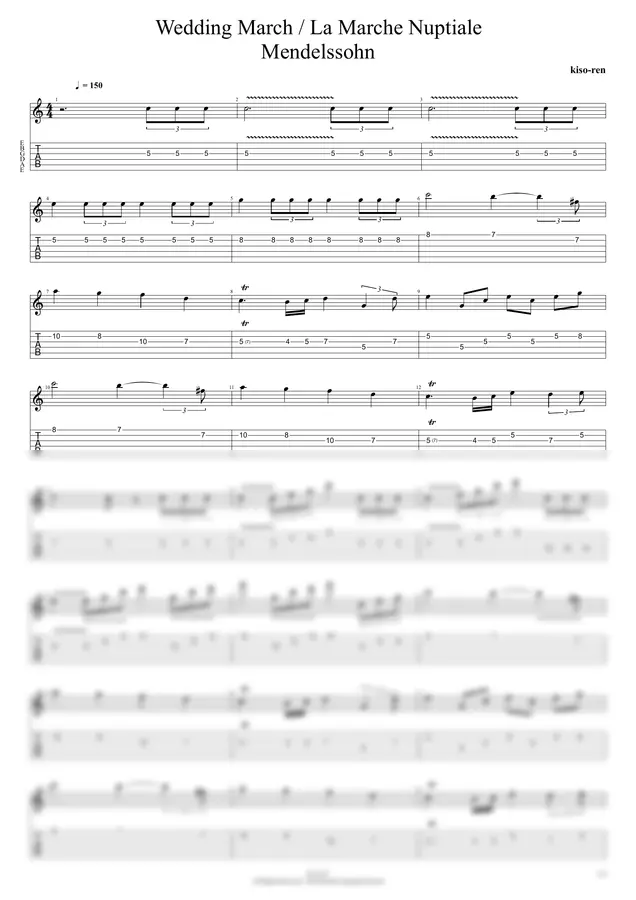 Mendelssohn - Wedding March TAB - Mendelssohn La Marche Nuptiale 結婚式の曲 ウェディングソング/メンデルスゾーン エレキギターピッキング (TAB PDF & Guitar Pro files.(gpX))