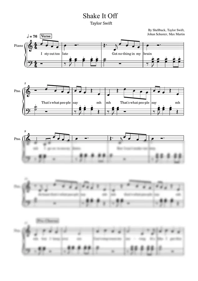 By Shellback, Taylor Swift, Johan Schuster, Max Martin - Shake It Off (Taylor Swift - For Easy Piano With Lyrics) by poon 1p 미리보기