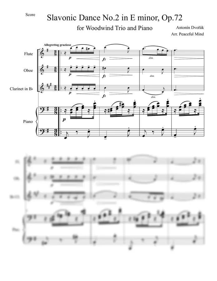 Antonín Dvořák / Arr. Peaceful Mind - Slavonic Dance, Op. 72, No. 2 in E minor for Woodwind Trio & Piano