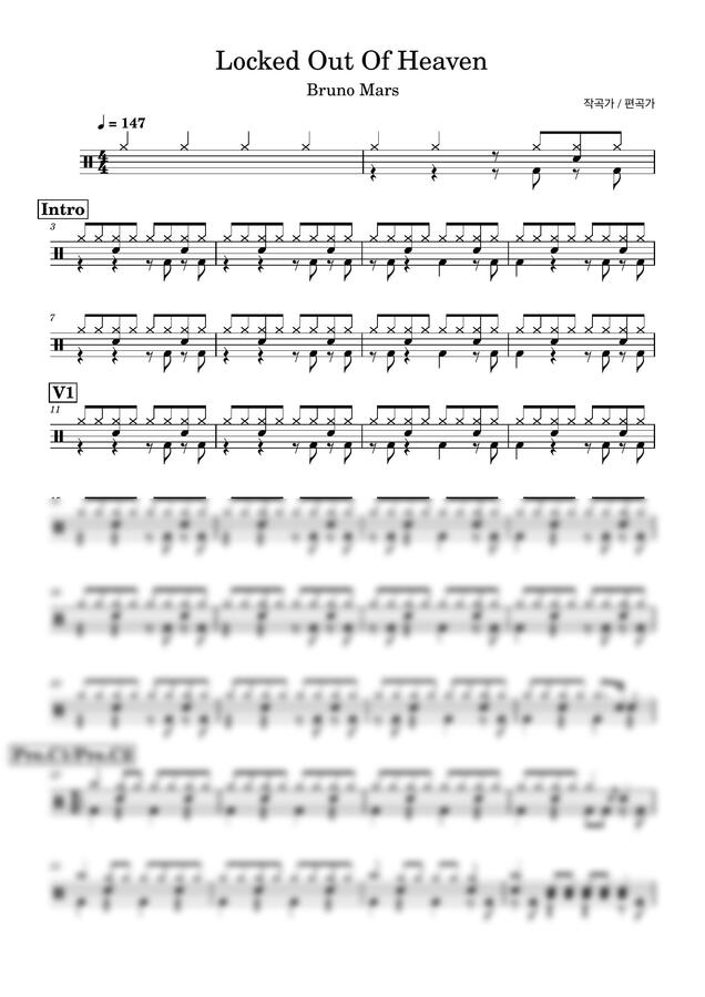 Bruno Mars - Locked Out Of Heaven (드럼악보) by Drummer KWI0