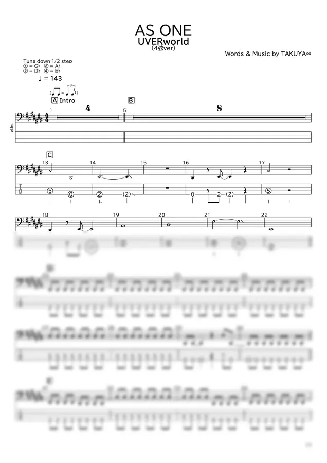 UVERworld - AS ONE(4현 ver) by 타부베 @ 지갑 친화적 인베이스 악보 가게 (BASS · TAB 악보) 1p 미리보기