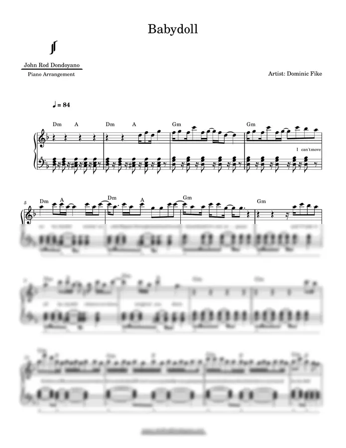 Dominic Fike - Babydoll (PIANO SHEET) by John Rod Dondoyano 1p 미리보기