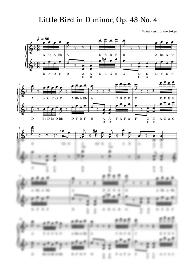 Grieg - Little Bird in D minor, Op. 43 No. 4 (Easy Piano with Letter Notes (C-D-E))