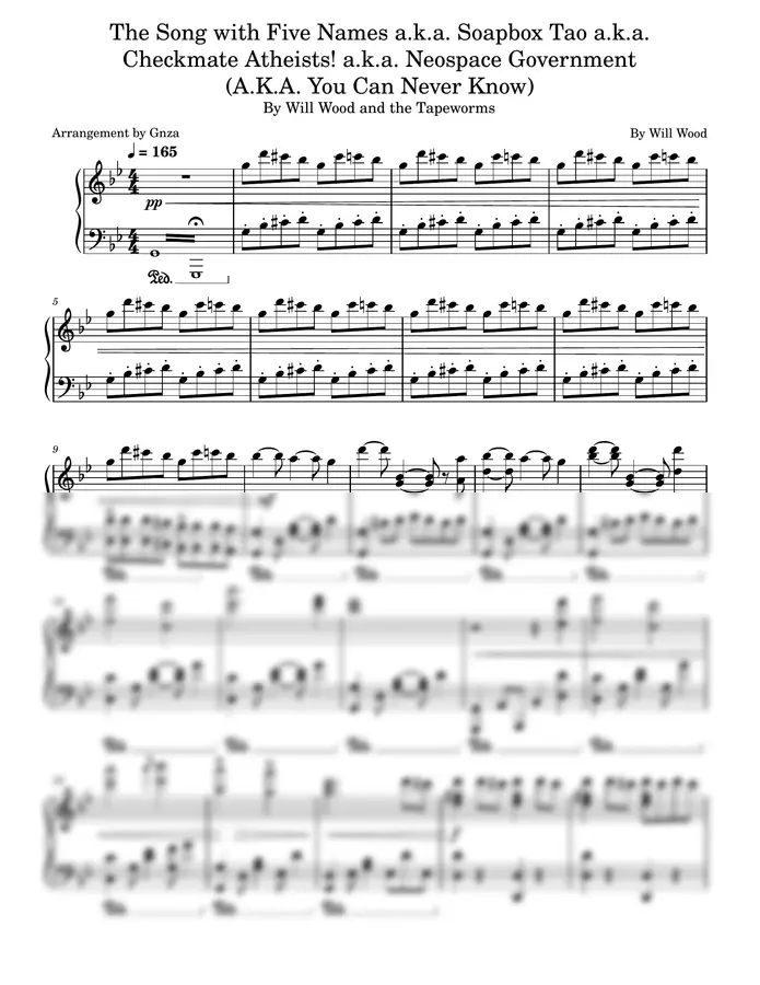 Will Wood / Arr. Gnza - The Song with Five Names a.k.a. Soapbox Tao a.k.a. Checkmate Atheists! a.k.a. Neospace Government (A.K.A. You Can Never Know)