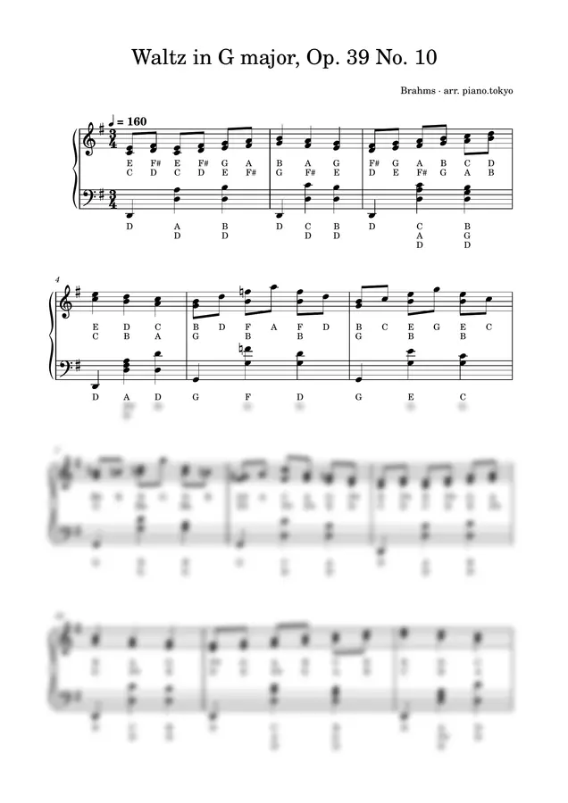 Brahms - Waltz in G major, Op. 39 No. 10 (Easy Piano with Letter Notes (C-D-E))