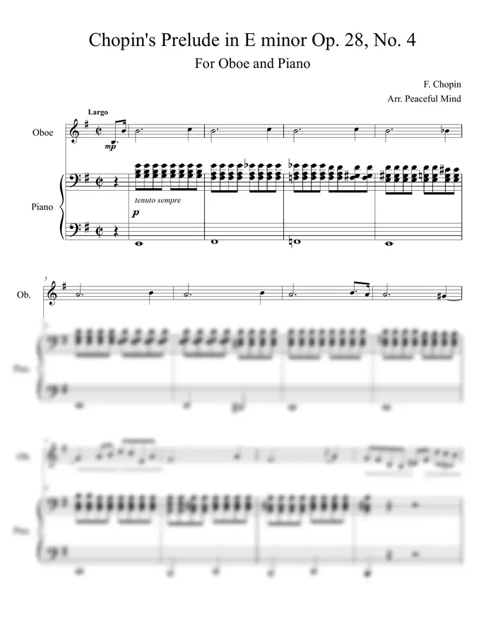 F. Chopin / Arr. Peaceful Mind - Chopin's Prelude in E minor Op. 28, No. 4 for Oboe & Piano