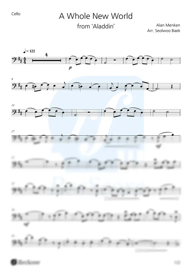 Alan Menken - A Whole New World [MR 포함] (알라딘 OST) (for Cello) by 레스코어 ResScore 1p 미리보기