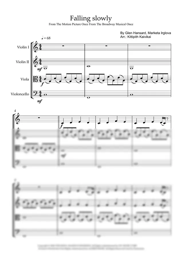 By Glen Hansard, Marketa Irglova Arr.: Kittipith Kaivikai - Falling slowly From The Motion Picture Once From The Broadway Musical Once