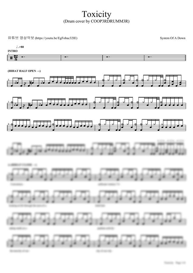Sheet Music Toxicity Drum Tab Toxicity Drum Sheet Drum Quality Set