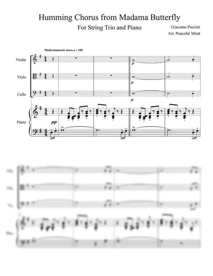 Giacomo Puccini / Arr. Peaceful Mind - Humming Chorus from Madama Butterfly for String Trio & Piano