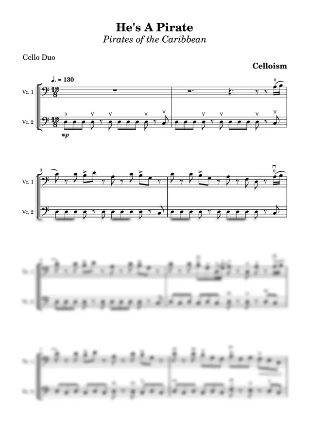 He's a Pirate - Pirates of the Caribbean 캐리비안의 해적OST - 첼로2중주 Cello Duo (Celloism Edition) by celloism 1p 미리보기