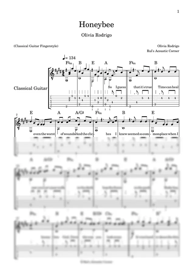 올리비아 로드리고Olivia Rodrigo - Honeybee (Classical Fingerstyle Guitar Tabs Musical Notes Chords Sheet Mus)