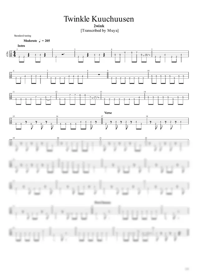 2wink - Twinkle Kuuchuusen (Bass TAB) by Muya 1p 미리보기