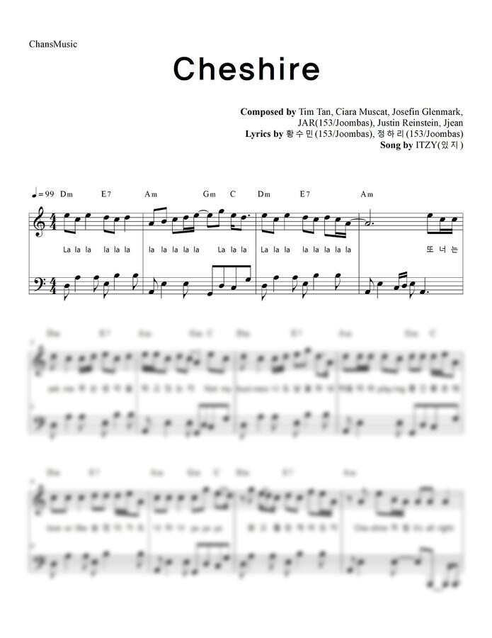 ITZY (있지) - Cheshire (가사, 쉬운 악보) by 찬스뮤직 1p 미리보기