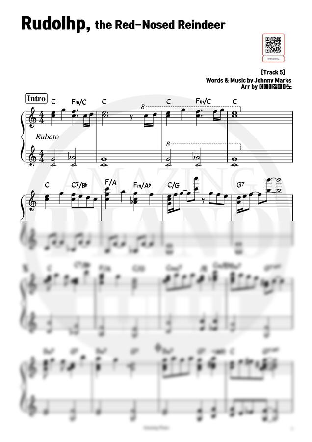 Johnny Marks - [2페이지캐롤]Rudolhp the Red-Nosed Reindeer(루돌프 사슴코) (C key, 연주) by 어메이징피아노0