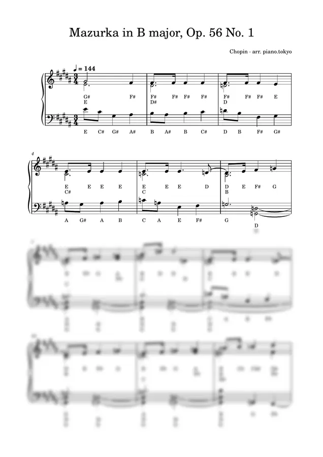 Chopin - Mazurka in B major, Op. 56 No. 1 (Easy Piano with Letter Notes (C-D-E))