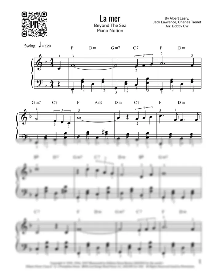 Charles Trenet - La mer - Beyond The Sea (piano facile)