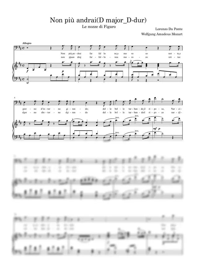 Wolfgang Amadeus Mozart - Non più andrai, farfallone amoroso [with accompaniment MP3]   D major_D-dur  You Shall Go No More, Amorous Butterfly