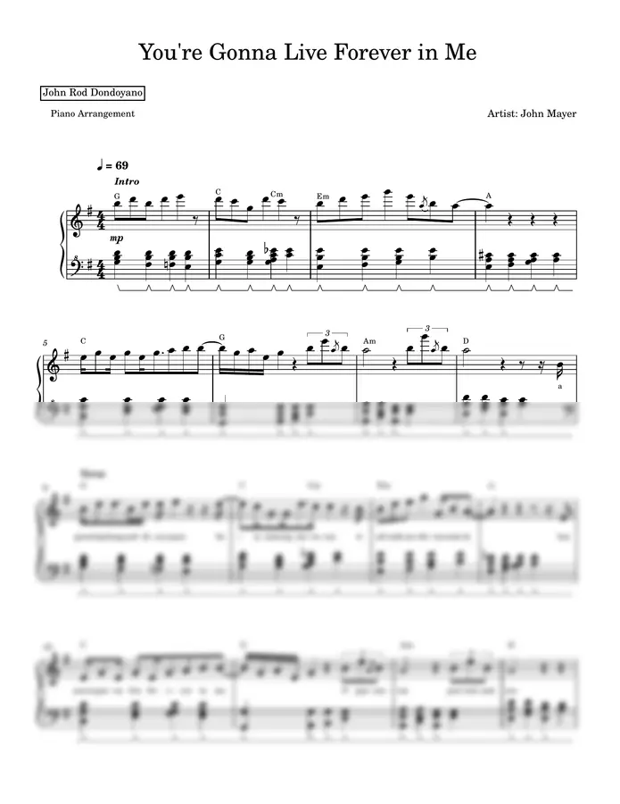 John Mayer - You're Gonna Live Forever in Me (PIANO SHEET)