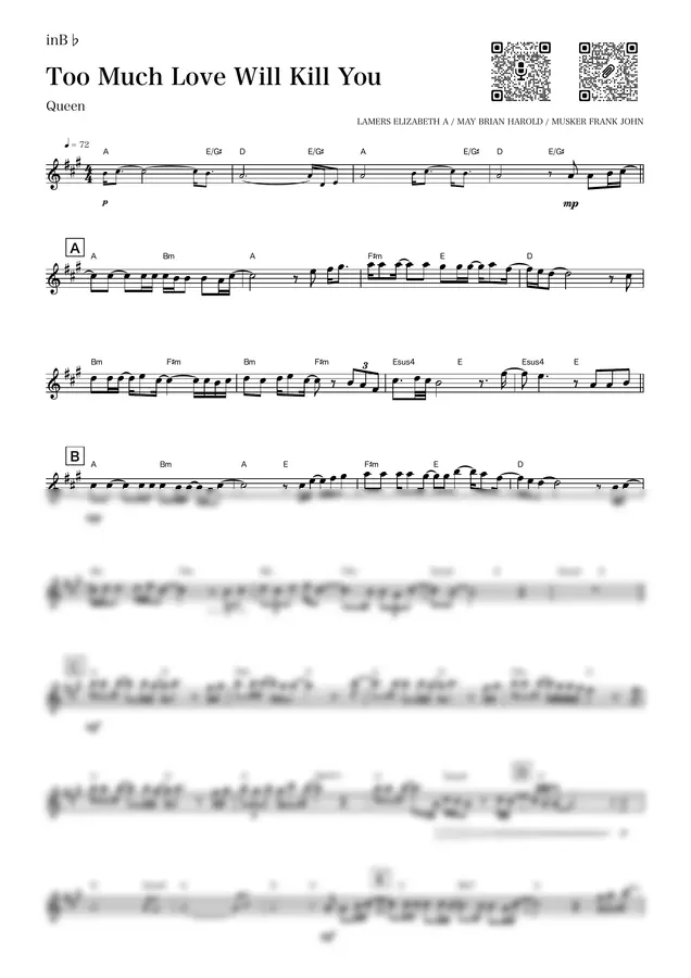 Queen - Too Much Love Will Kill You ( inB♭) by Kaname@Popstudio 1p 미리보기